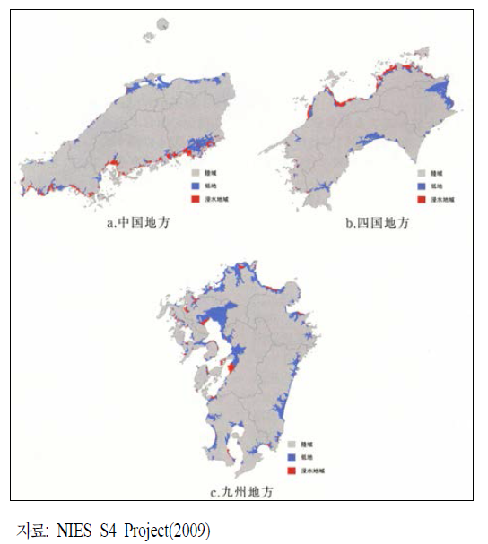 일본 서부 지역의 고조 침수 지역 (해면 상승 60㎝, 해일 1.3배 시)