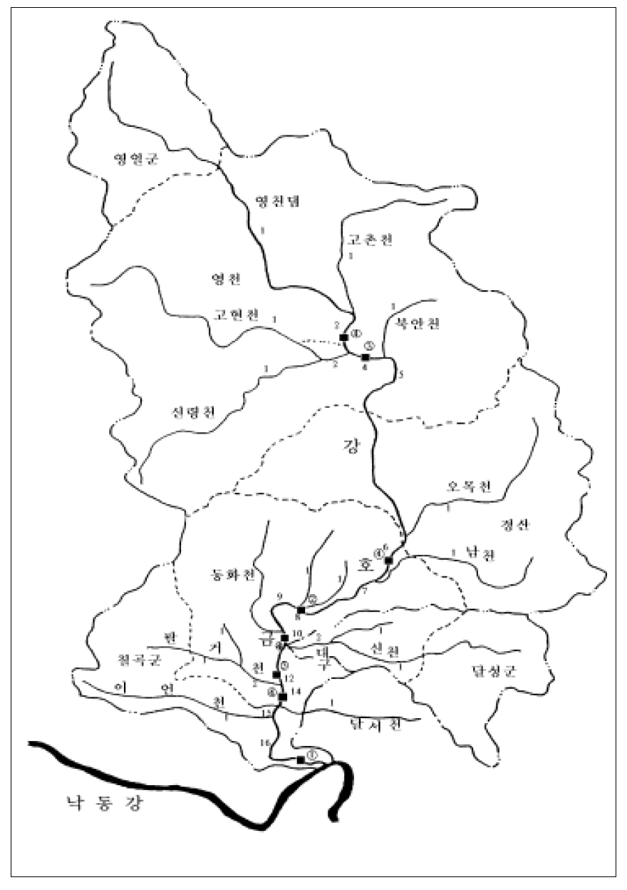 장기경향파악을 위한 수질측정망 설치지점