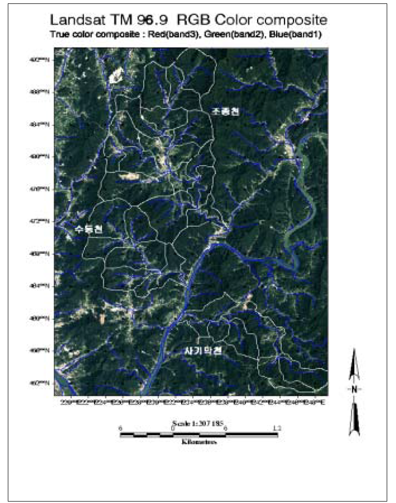 대상지Ⅰ의 RGB 색상합성 영상 (Landsat TM 96년9월)