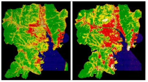 토지이용분류결과(왼쪽 1984년, 오른쪽 1985년)