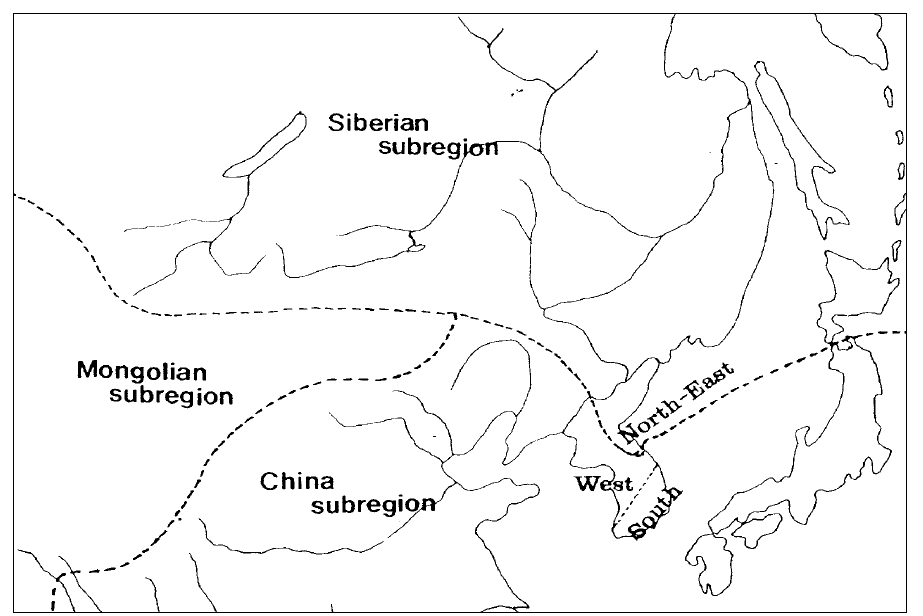 담수어류상으로 본 한반도와 인접지역의 지리적 구분 자료 : 김익수, 1995