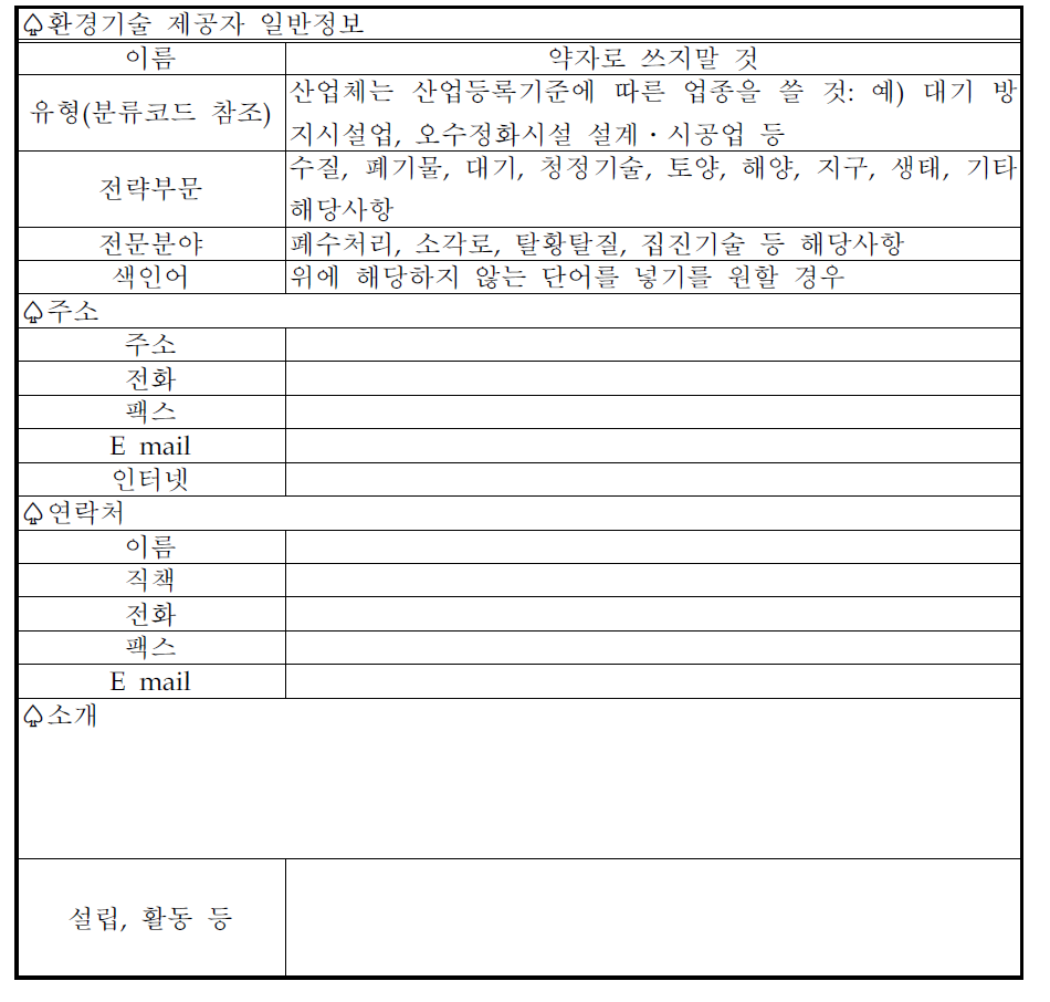 환경산업체(산업체, 연구소, 학교) 정보의 자료