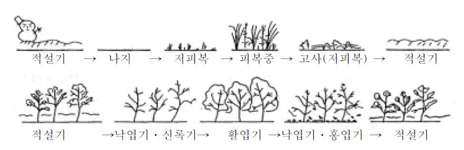 초지(위)와 산림(아래)의 계절변화 자료 : 김영섭외 2인 공역(1998), 원격탐사개론, 동화기술, p.254