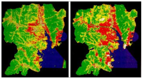 토지이용분류결과(왼쪽 1984년, 오른쪽 1995년) 자료 : 문현생외 5인(1995), 인공위성자료를 이용한 환경영향평가:토지이용변화를 중심으로 환경영향평가학회지 제4권 제2호, p.27