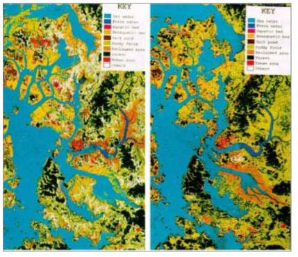 습지분포도(왼쪽 1984년, 오른쪽 1992년) 자료 : 이기철외 3인(1997), Landsat TM 자료를 이용한 서남해 연안 습지의 시공간 변화분석에 관하여, 환경영향평가학회지 제6권 제1호, p.65