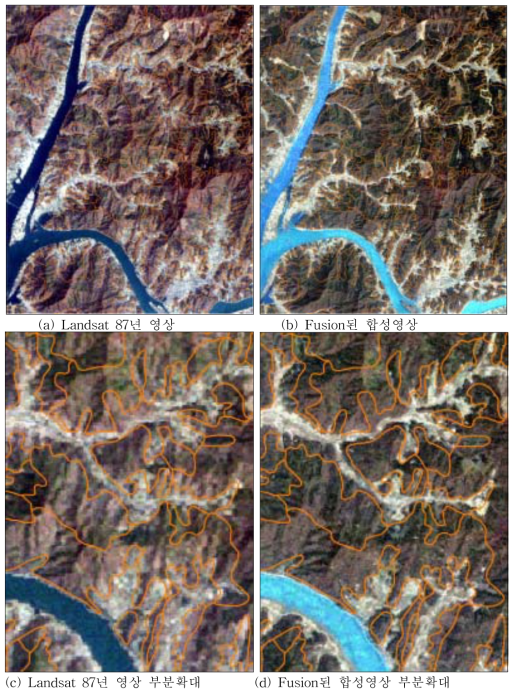 자료합성 기법을 이용한 분류 주 : Landsat TM(1987. 4. 27.) , Spot pan(1998. 5. 5.)