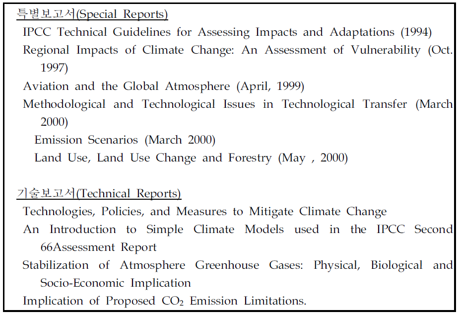 IPCC 특별 및 기술 보고서 목록
