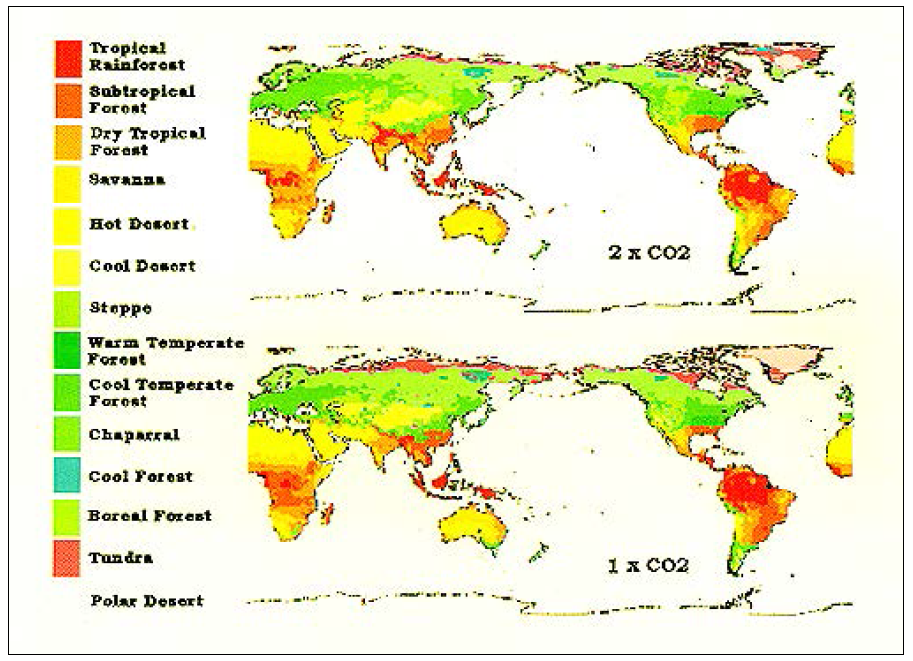 AIM/Impact 모형의 기후변화로 인한 식생분포 변화 결과물 자료 : AIM Project Team(1997), Asian-Pacific Integrated Model, NIES, p.69