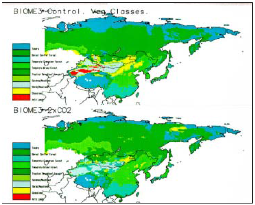 BIOME 3 모형에 의한 식생부문의 영향 자료 : Harasawa, H.(2000) Recent development of Impacts Study in Japan and IPCC, 기후 변화와 생태계보전 심포지움 발표 OHP