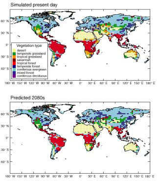 생태계 모형으로 예측한 현재와 2080년의 지구삼림분포도 자료 : Harasawa, H.(2000) Recent development of Impacts Study in Japan and IPCC, 기후 변화와 생태계보전 심포지엄 발표 OHP