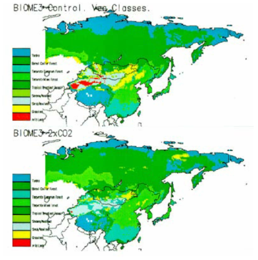 BIOME 3 모형에 의한 삼림부문의 영향 자료 : Harasawa, H.(2000) Recent development of Impacts Study in Japan and IPCC, 기후 변화와 생태계보전 심포지엄발표 OHP