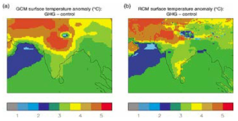 GCM과 RCM을 이용한 인도몬순지역의 현재기후와 2040년에서 2050년사이의 겨울철 지표면 온도변화차이(℃)