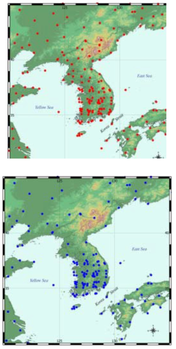 분석에 이용된 기상관측 지점(일부) (상 : 기온관측소, 277개소, 하 :강우관측소,199개소)