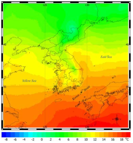 현재시기의 한반도 주위의 연평균기온 분포(℃)