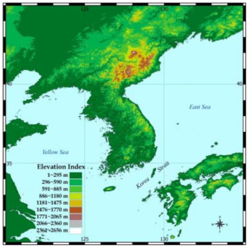 분석에 이용된 수치표고모형(3초 간격)