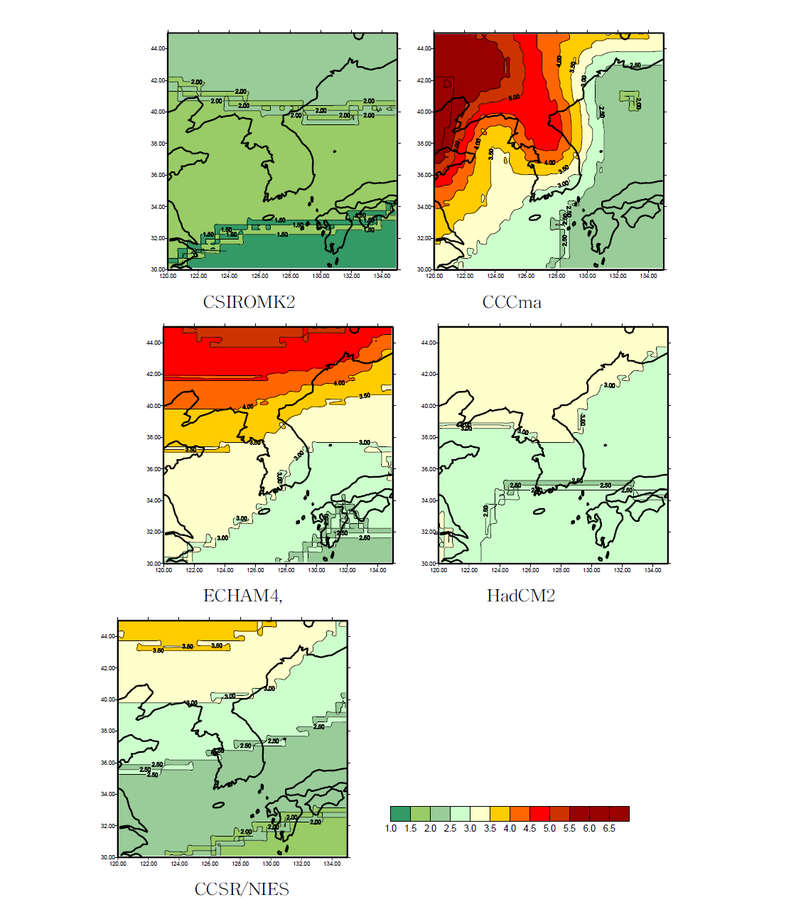 2×CO₂ 시 연평균기온(℃)의 변화량 분포