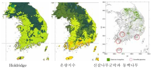 냉온대 중부지역의 대표수종인 신갈나무군락과 동백나무군락의 분포와 각 삼림기후대의 비교