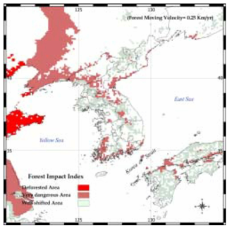 삼림평균이동속도가 0.25 ㎢/연 일 경우의 2100년 삼림분포분석