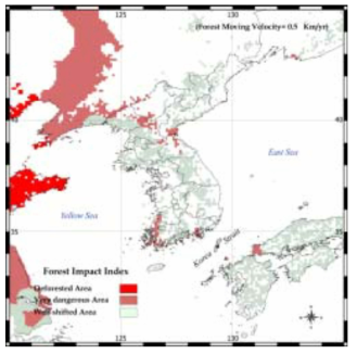 삼림평균이동속도가 0.5 ㎢/연 일 경우의 2100년 삼림분포분석