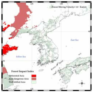 삼림평균이동속도가 1.0 ㎢/연 일 경우의 2100년 삼림분포분석