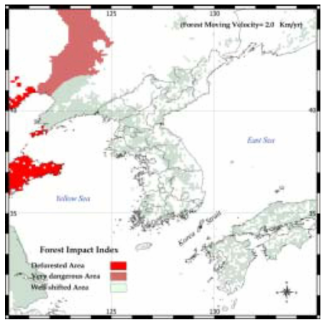 삼림평균이동속도가 2.0 ㎢/연 일 경우의 2100년 삼림분포분석