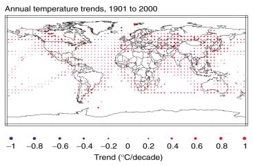 20세기 동안의 지구의 표면 온도 변화 경향, 자료: IPCC, 2001