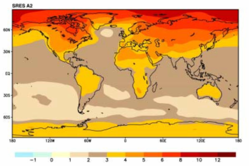 SRES A2 배출시나리오에 의한 21세기 연간 평균 온도 변화 예측치 자료: IPCC, 2001