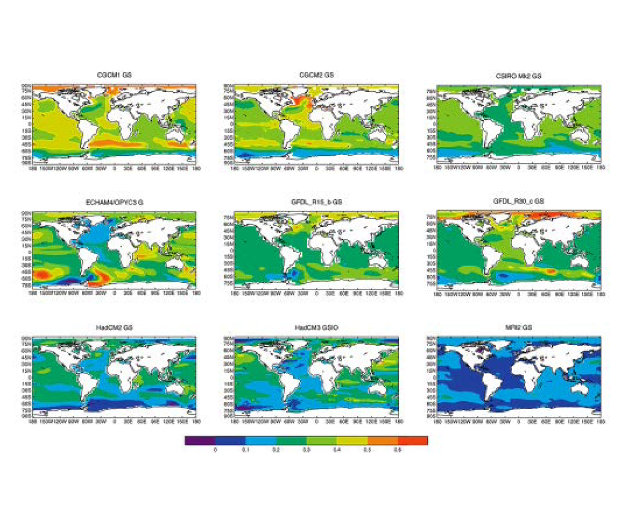 AOGCMs의 예측 결과의 지구 분포도 자료: IPCC, 2001