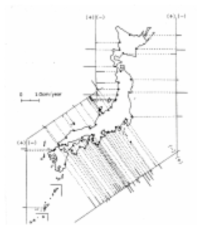 일본 주변 해역의 해수면 변화율 (+ 상승, - 침강) 자료: Murakami and Yamada, 1992