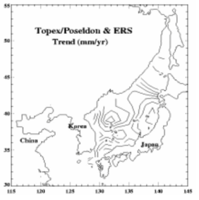 Topex/Poseidon 및 ERS 고도계에 의한 해수면 변화 분포도