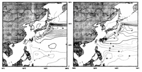 이산화탄소 농도 2배시(70년 후) 한반도 주변 해역의 해수면 상승 분포도 자료: 최 등, 2001