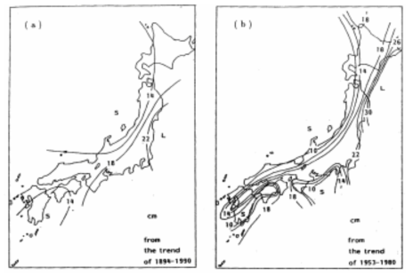 2030년 일본 주변 해역 해수면 상승 분포 예측치 자료: Yanaki and Akaki, 1993