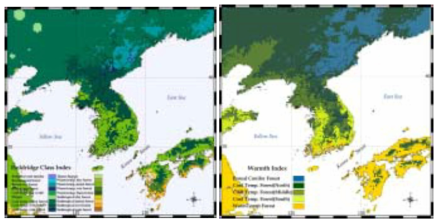 Holdridge(좌)와 온량지수(우)를 이용한 삼림기후대 분류 비교