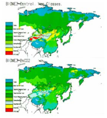 BIOME 3 모형에 의한 삼림부문의 영향 자료 : Harasawa, H.(2000) “Recent development of Impacts Study in Japan and IPCC”, 「기후변화와 생태계보전 심포지엄」. 한국환경정책․평가연구원