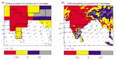GCM과 RCM을 이용한 인도몬순지역의 상대적인 강우차이(%) 자료 : Hassell, D. and R.G. Jones. 1999. Simulating climatic change of the southern Asian monsoon using a nested regional climate model (HadCM2). HCTN 8, Hadley Centre for Climate Prediction and Research, London Road, Bracknell, UK