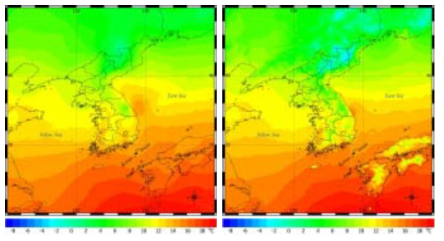 기온감율을 고려한 현재시기 연평균 기온분포 (좌: 지형보정전, 우: 지형보정후)