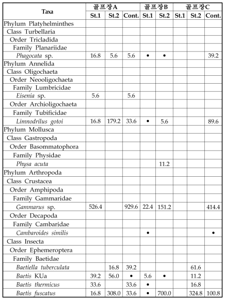 각 조사지점의 저서성 대형무척추동물상 및 개체수 현존량(개체수/m2)