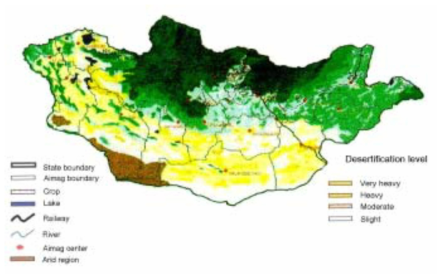 몽골의 사막화 분포도 자료: Azzaya(2003)
