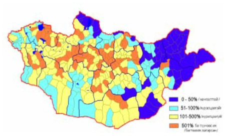 몽골 목초지의 가축수용용량 초과율(%) 현황(2002년) 자료: Azzaya(2003)