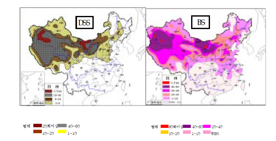 중국의 DSS 및 BS 연평균 발생일수 분포도(1956-2000년) 자료: http://www.duststorm.com.cn(2003.10.30)