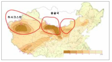 주요 황사 발생지 분포도 자료: Quan Hao(2002:16)