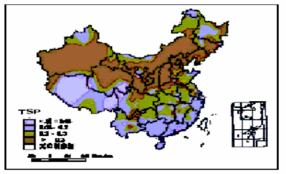 중국전역의 TSP 농도 분포도 자료: 國家環境保護總局(2002)