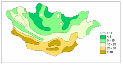 몽골의 연평균 DSS 발생횟수 분포도 자료: Azzaya (2003)