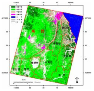 고성군 일대의 Landsat TM 영상자료를 이용한 토지이용형태 및 임상분류도 자료: 임업연구원. 2000