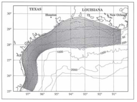 텍사스-루이지애나 대륙붕에 사용된 boundary fitted, orthogonal, curvilinear grid