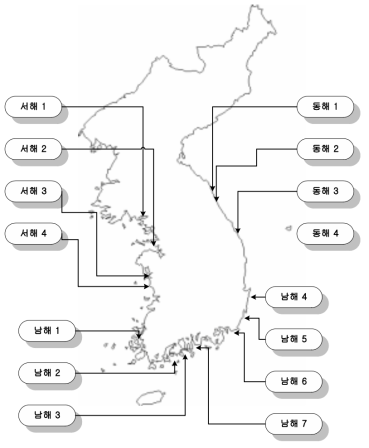 본 연구에서 조사한 해양관련 사업의 위치도