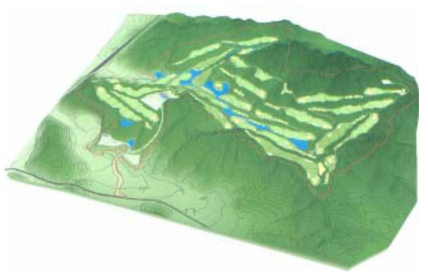 골프장 예정부지에 배치된 골프코스 시설물의 3차원 기복도