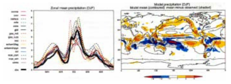 CMIP1 모델에 의한 12월-2월 강수량 검증 주 : 오른쪽 : CMIP1 모델에 의한 12-2의 강수량(㎜/일)(콘타 : 모델평균치, 색농담: 모델관측치) 왼 쪽 : CMIP1의 여러 가지 모델에 의한 12-2월의 강수량의 대상평균(㎜/일)(흑실선은 관측치)