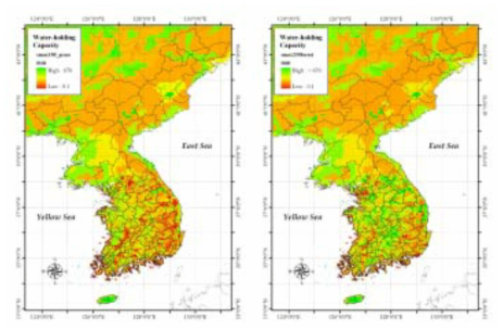 작물(좌)과 산림(우)의 뿌리깊이를 고려한 최대용수량분포(㎜) 주 : 북한의 경우 FAO에서 제공하는 Saxton 모형의 결과를 이용하였음