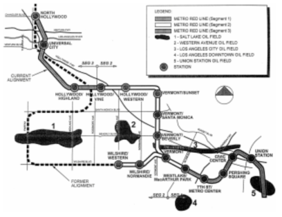 Los Angeles 중심부 Metro Rail 사업의 노선도